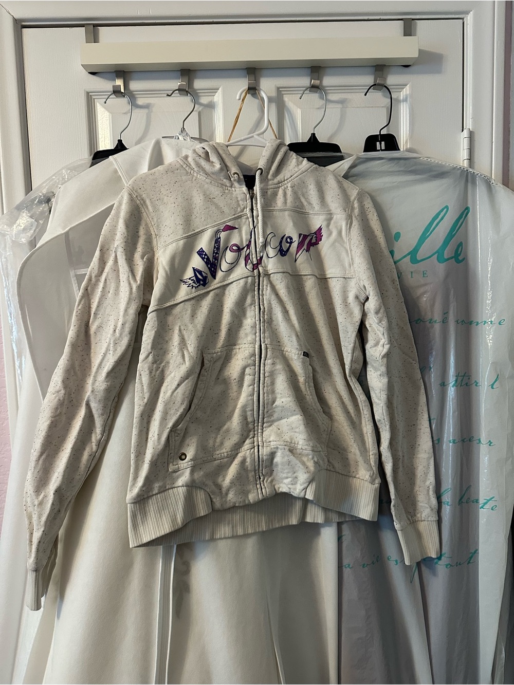 Volcom Cream Speckled Zip Hoodie with Purple Script Logo
